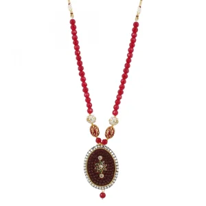 Stylish Maroon Golde Plated Traditional Kundan Necklace Set with Earrings - Image 3