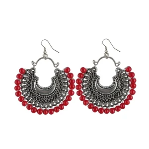 Women's Silver Plated Hook Dangler Hanging Beads Earring (Color: Red) - Image 1