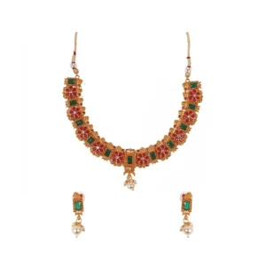 Women's Elegent Brass Chain Necklace Set (Red And Green, Free Size) - Image 1