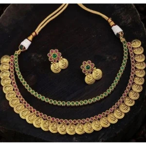 Women's Ethnic Double Line Laxmi Coin Jewellery Set (Red And Green, Free Size) - Image 1