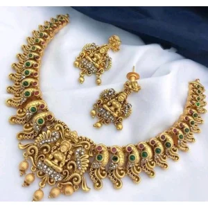 Women's Gold Plated Traditional Necklace and Earrings Set (Multi Color, Free Size) - Image 1
