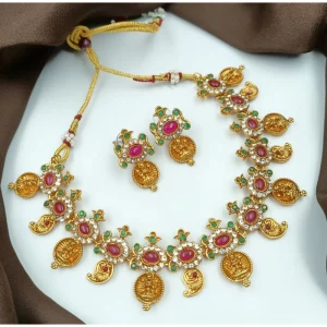 Women's Gold Plated Traditional Necklace and Earrings Set (Multi Color, Free Size) - Image 1