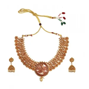 Women's Gold Plated Temple Necklace and Earrings Set (Red, Free Size) - Image 1