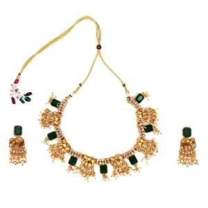 Women's Gold Plated Necklace and Earrings Set with Mang Tikka (Green, Free Size) - Image 1