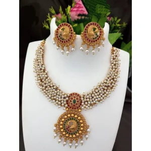 Women's Gold Plated Temple Necklace and Earrings Set (White, Free Size) - Image 1