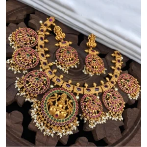 Women's Goddess Glamour Gold Plated Temple Necklace and Jhumka Set (Multi Color, Free Size) - Image 1