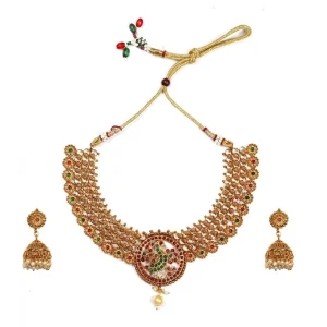 Women's Gold Plated Necklace and Earrings Set with Meenakari Work (Multi Color, Free Size) - Image 1