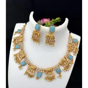Women's Gold Plated Necklace and Earrings Set with Mang Tikka (Blue, Free Size) - Image 1