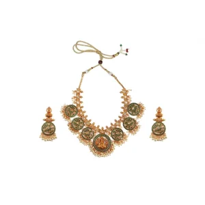 Women's Goddess Glamour Gold Plated Temple Necklace and Jhumka Set (Green, Free Size) - Image 1
