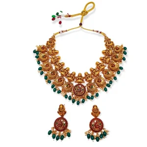Women's Gold Plated Temple Necklace and Earrings Set (Green, Free Size) - Image 1