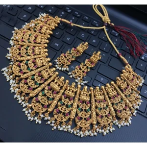 Women's Gold Plated Temple Necklace and Earrings Set (Multi Color, Free Size) - Image 1