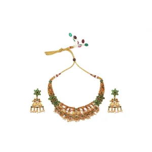 Women's Gold Plated Temple Necklace and Earrings Set (Green, Free Size) - Image 1