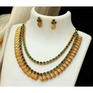 Women's Ethnic Double Line Laxmi Coin Jewellery Set (Green, Free Size) - Image 1