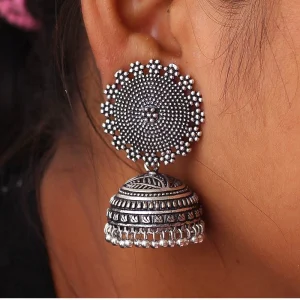 Women's Oxidised Silver Plated Handmade Jhumka Brass Earrings - Image 4