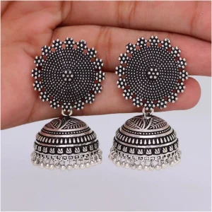 Women's Oxidised Silver Plated Handmade Jhumka Brass Earrings - Image 3