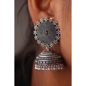 Women's Oxidised Silver Plated Handmade Jhumka Brass Earrings - Image 5