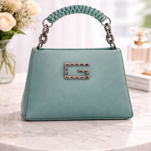 Women’s Structured Handheld Bag with Braided Top Handle, Faux Leather Designer Shoulder Purse with Metal Logo Accent (Sea Green) - Image 3