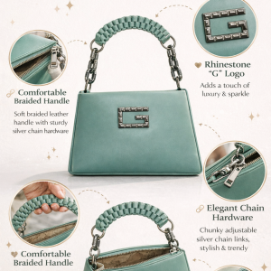 Women’s Structured Handheld Bag with Braided Top Handle, Faux Leather Designer Shoulder Purse with Metal Logo Accent (Sea Green) - Image 4