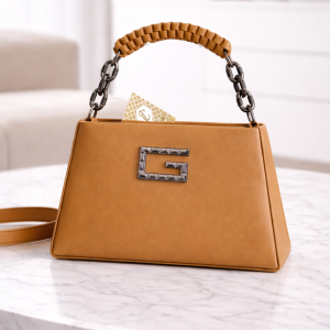 Women’s Tan Faux Leather Handbag | Structured Top Handle Shoulder Bag with Chain Strap - Image 4