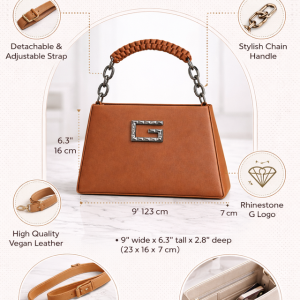 Brown Structured Top-Handle Handbag with Chain Strap and Metallic G Logo - Image 4