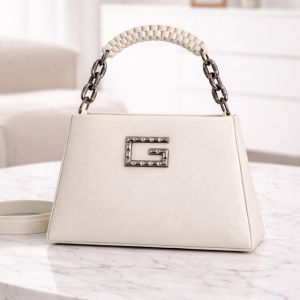 Elegant Off-White Top Handle Handbag for Women with Braided Strap and Metal Chain Detail, Premium Structured Shoulder Bag for Party, Office & Daily Use - Image 4