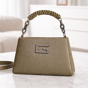 Olive Green Structured Handbag with Chain Handle - Image 4